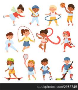 Cartoon children exercising and do sport with ball or rope. Vector sport exercise and healthy activity, collection of kids isolated. Cartoon children exercising and do sport with ball or rope