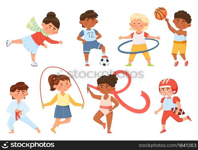 Cartoon children exercising, kids doing sports and gymnastics. Boys and girls playing ball, ice skating, skipping rope, doing karate vector set. Active and healthy lifestyle activities. Cartoon children exercising, kids doing sports and gymnastics. Boys and girls playing ball, ice skating, skipping rope, doing karate vector set