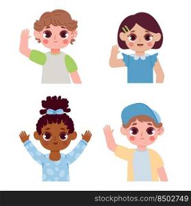 Cartoon children hello by waving hands. Different female and male smiling kids with welcoming gesture. Little boys and girls portraits with happy facial expressions isolated vector set. Cartoon children hello by waving hands. Different female and male smiling kids with welcoming gesture