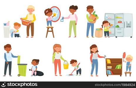 Cartoon children helping with housework, parents with kids cleaning house. Family doing laundry, mopping floor, taking out garbage vector set. Boys and girls having domestic responsibilities