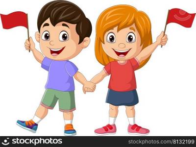 Cartoon children holding an Indonesian flag