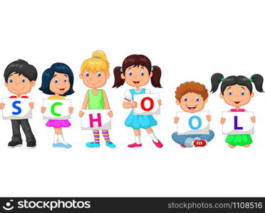 Cartoon children holding text
