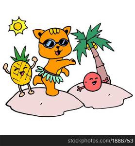 cartoon children partying on holiday on an island. cartoon illustration sticker mascot emoticon