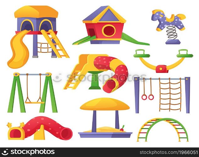 Cartoon children playground elements, kids park equipment. Slide, seesaw, swing, sandbox, swing horse, kindergarten outdoor playset vector set. Leisure activity and entertainment for children