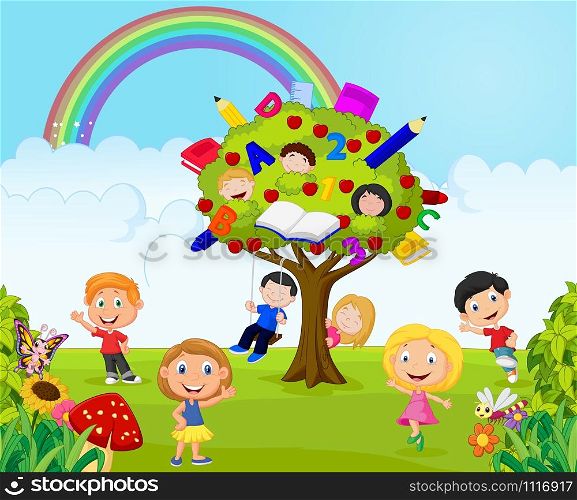 Cartoon children playing Illustration in an apple tree