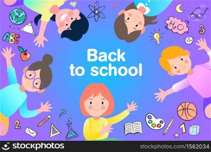 Cartoon children playing. Welcome back to school! Cute school kids. Flat design pattern with child.