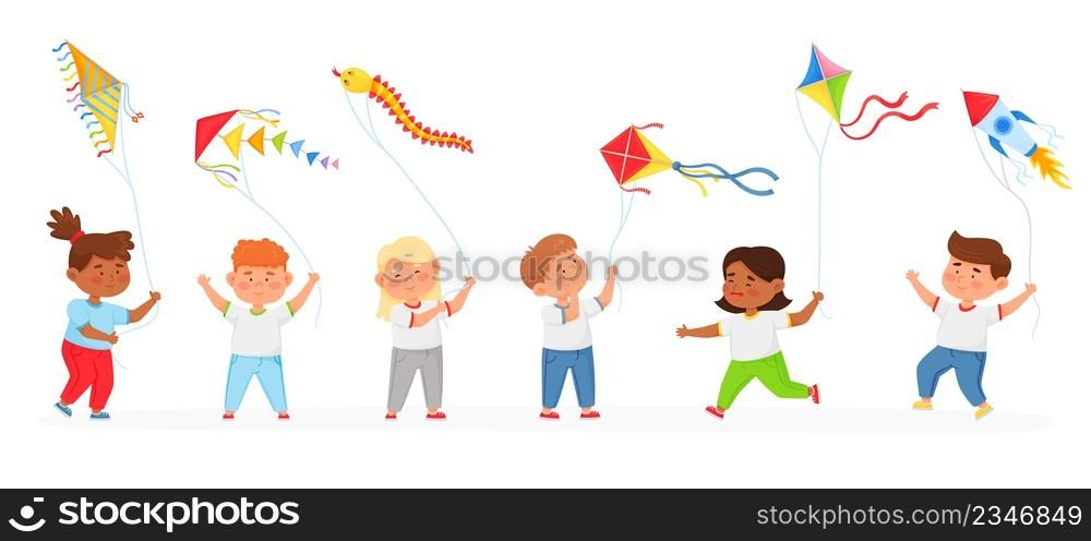 Cartoon children playing with kites, kid holding air kite. Boys and girls running with flying toys, outdoor summer activity vector set. Happy characters having fun, entertaining with joy. Cartoon children playing with kites, kid holding air kite. Boys and girls running with flying toys, outdoor summer activity vector set