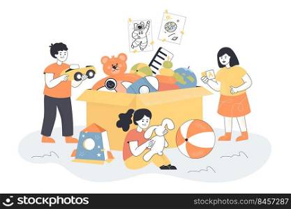 Cartoon children playing with toys from huge box. Classroom for preschool kids, child with toy car, girl with plush bunny flat vector illustration. Education, childhood, playtime, kindergarten concept