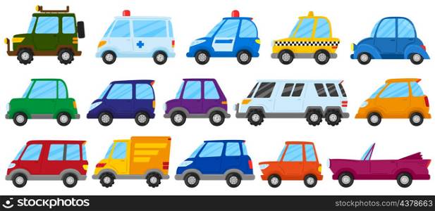 Cartoon children toy cars, cute play transport. Kids toy car, truck, ambulance and police car vector illustration set. Childish colorful vehicles. City automobiles as taxi, delivery car. Cartoon children toy cars, cute play transport. Kids toy car, truck, ambulance and police car vector illustration set. Childish colorful vehicles