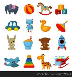 Cartoon children toys vector icons collection. Kids toys icon, teddy and duck, car and ball, airplane and helicopter illustration. Cartoon children toys vector icons collection