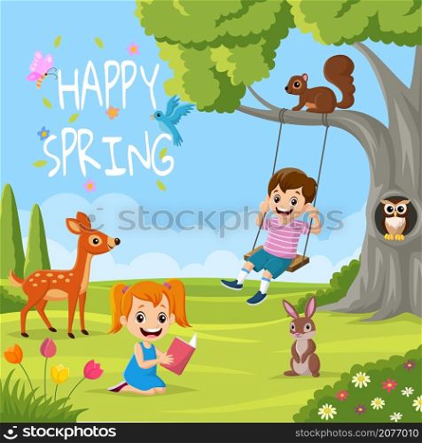 Cartoon children with animals playing in the park