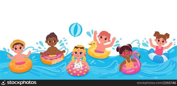 Cartoon children with inflatable rings swimming on sea waves. Pool volleyball. Kids enjoy summer beach water swim activity vector concept. Happy little boys and girls playing with ball. Cartoon children with inflatable rings swimming on sea waves. Pool volleyball. Kids enjoy summer beach water swim activity vector concept