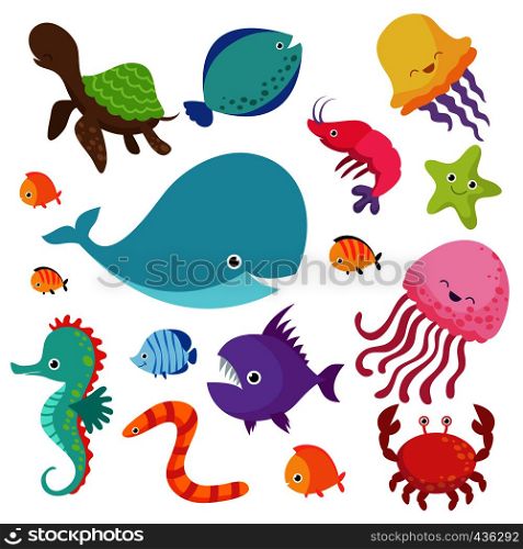 Cartoon childrens aquarium and wild sea fishes vector set. Fish and sea animal, nature marine underwater wildlife illustration. Cartoon childrens aquarium and wild sea fishes vector set