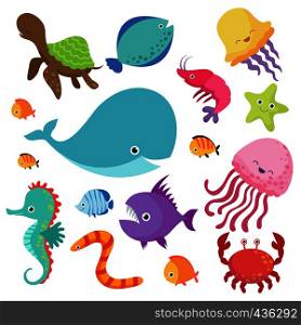Cartoon childrens aquarium and wild sea fishes vector set. Fish and sea animal, nature marine underwater wildlife illustration. Cartoon childrens aquarium and wild sea fishes vector set
