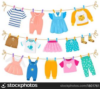 Cartoon childrens clean clothes dry hanging ropes. Kids cute garments shorts, dresses, shirts hanging clothesline vector illustration. Baby boy and girls drying outfits. Laundry on clothespins. Cartoon childrens clean clothes dry hanging ropes. Kids cute garments shorts, dresses, shirts hanging clothesline vector illustration. Baby boy and girls drying outfits