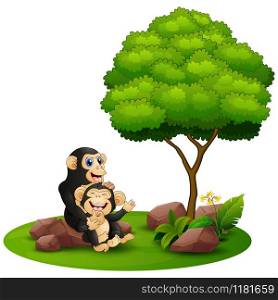 Cartoon chimpanzee mother hug her baby chimp under a tree on a white background