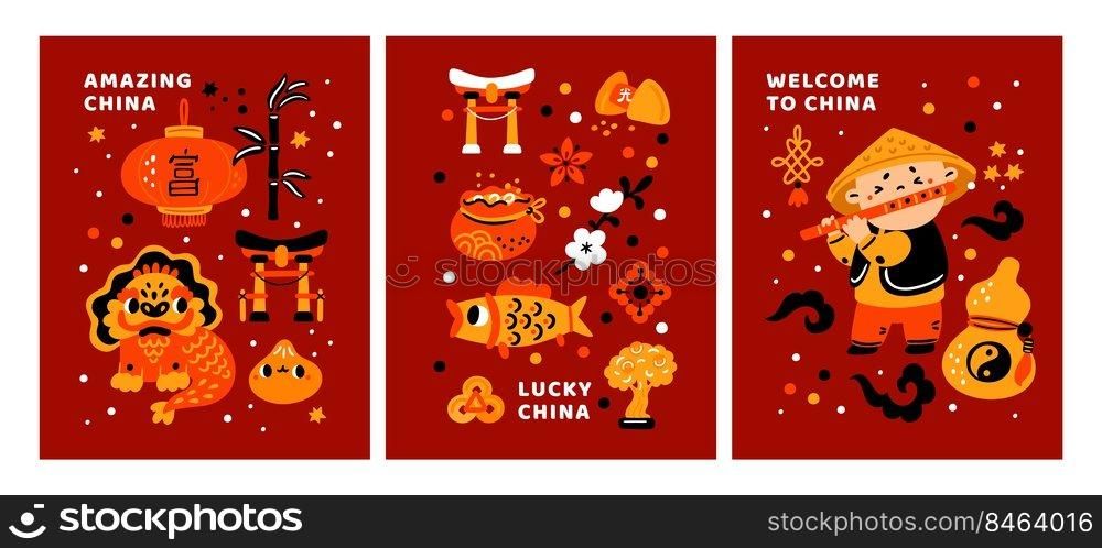Cartoon China cards. Chinese funny travel banners. Asian culture and tradition elements. Lucky symbols. Invitational posters. Prosperity talismans. Tourism attractions. Garish vector postcards set. Cartoon China cards. Chinese travel banners. Culture and tradition elements. Lucky symbols. Invitational posters. Prosperity talismans. Tourism attractions. Garish vector postcards set