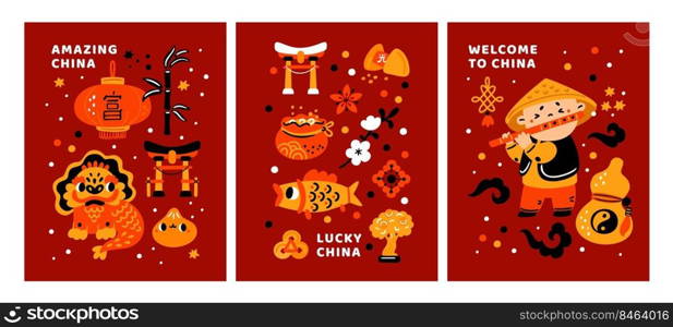 Cartoon China cards. Chinese funny travel banners. Asian culture and tradition elements. Lucky symbols. Invitational posters. Prosperity talismans. Tourism attractions. Garish vector postcards set. Cartoon China cards. Chinese travel banners. Culture and tradition elements. Lucky symbols. Invitational posters. Prosperity talismans. Tourism attractions. Garish vector postcards set