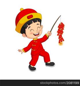 Cartoon chinese boy holding a firecracker