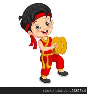 Cartoon chinese boy playing cymbals