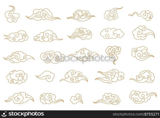 Cartoon chinese clouds. Asian style tattoo in shape cloud, oriental ornament elements korean japanese thai tibetan doodle cloudy sky traditional symbol china neat vector illustration. Cartoon chinese clouds. Asian style tattoo in shape cloud, oriental ornament elements korean japanese thai tibetan doodle cloudy sky traditional