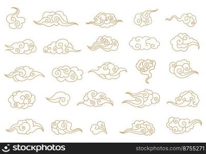Cartoon chinese clouds. Asian style tattoo in shape cloud, oriental ornament elements korean japanese thai tibetan doodle cloudy sky traditional symbol china neat vector illustration. Cartoon chinese clouds. Asian style tattoo in shape cloud, oriental ornament elements korean japanese thai tibetan doodle cloudy sky traditional