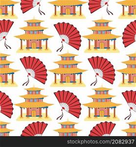 Cartoon chinese house seamless pattern. Chinese symbols of the coin with hieroglyphs, yin-yang, red fan, lanterns. Traditional signs. Cartoon chinese house seamless pattern. Chinese symbols of the coin with hieroglyphs, yin-yang, red fan, lanterns.