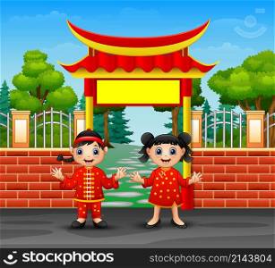 Cartoon chinese kids in outdoors