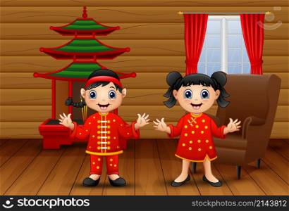 Cartoon chinese kids in the living room