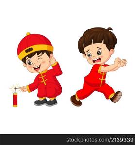 Cartoon Chinese kids with a firecracker