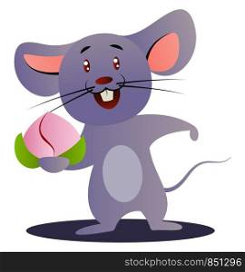 Cartoon chinese mouse holding flower vector illustration on white background