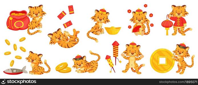 Cartoon chinese new year tiger, cute tigers with gold ingot. Little tiger cubs with firecrackers, money bag. Holiday mascot character vector set. Characters in national clothing with coins. Cartoon chinese new year tiger, cute tigers with gold ingot. Little tiger cubs with firecrackers, money bag. Holiday mascot character vector set