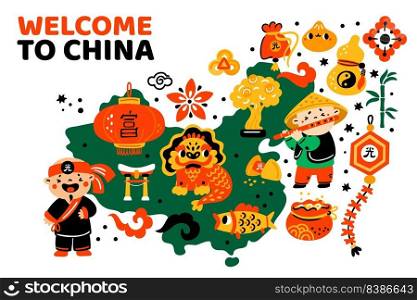 Cartoon Chinese travel poster. Invitational banner. Welcome to China. Country map with cultural symbols and sights. Asian landmarks. Oriental amulets or men in national costumes. Garish vector concept. Cartoon Chinese travel poster. Welcome to China. Invitational banner. Country map with cultural symbols and sights. Oriental amulets or men in national costumes. Garish vector concept