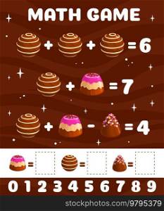 Cartoon chocolate candies. Math game worksheet. Kids mathematical playing activity, addition and subtraction vector game or puzzle for children with chocolate praline dessert, sweet truffle candies. Cartoon chocolate candies on math game worksheet