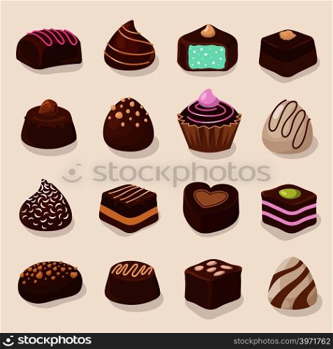 Cartoon chocolate desserts and candies vector set. Chocolate candy dessert, illustration of sweet chocolate cake. Cartoon chocolate desserts and candies vector set