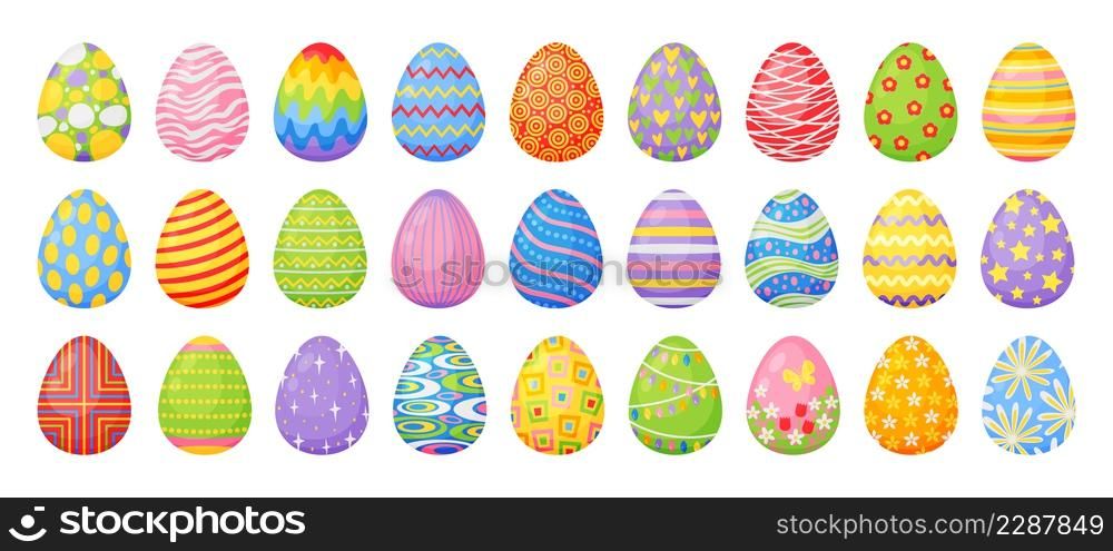Cartoon chocolate easter eggs, colorful painted egg with patterns. Traditional spring season holiday celebration decor element vector set. Illustration of easter eggs drawing. Cartoon chocolate easter eggs, colorful painted egg with patterns. Traditional spring season holiday celebration decor element vector set