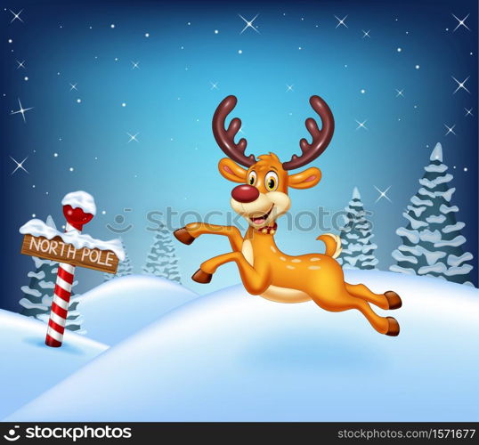 Cartoon Christmas background with deer running in the winter time