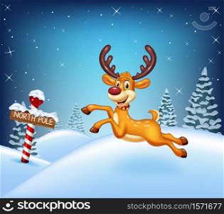 Cartoon Christmas background with deer running in the winter time