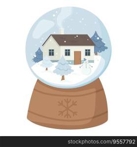 Cartoon Christmas ball. House with smoke from the chimney surrounded by Christmas trees covered with snow and snowman into the glass globe . Stock vector illustration isolated on white in flat style. Cartoon Christmas ball. House with smoke from the chimney surrounded by Christmas trees covered with snow and snowman into the glass globe . Stock vector illustration isolated on white in flat style.