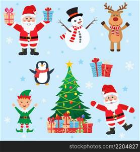 Cartoon Christmas characters. Funny Santa Claus. Reindeer, snowman, penguin, holiday tree, elf. Vector illustration in flat style. Christmas Set Red Santa Rudolf Snowman Tree