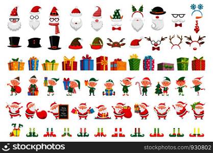 Cartoon christmas collection. Xmas hats and New Year gifts. Santa Claus and elves helpers characters. Santas character mask, gift box, elfs legs and reindeer hat. Isolated vector icons set. Cartoon christmas collection. Xmas hats and New Year gifts. Santa Claus and elves helpers characters vector set