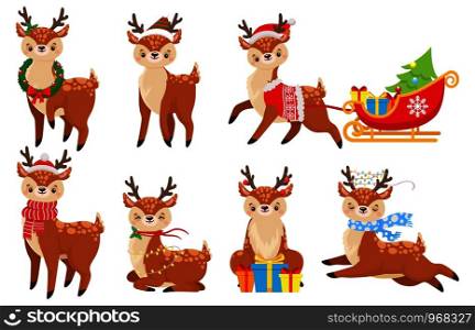 Cartoon christmas deer. Cute fawn in winter scarf, xmas reindeer child and funny deers. 2020 New Year mascot, Santa magic deer character with gifts. Isolated vector illustration icons set. Cartoon christmas deer. Cute fawn in winter scarf, xmas reindeer child and funny deers vector illustration set