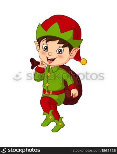 Cartoon christmas elf carrying a sack of gift