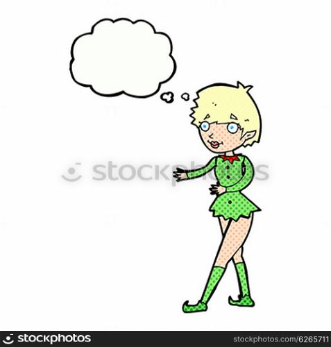 cartoon christmas elf woman with thought bubble