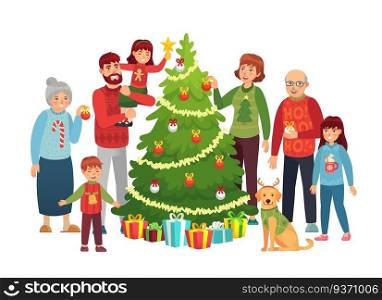Cartoon christmas family portrait. Xmas tree decorations, happy people and big family decorated christmas tree. New Year 2020 holiday characters portrait postcard vector illustration. Cartoon christmas family portrait. Xmas tree decorations, happy people and big family decorated christmas tree vector illustration