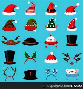 Cartoon christmas hat. Xmas different hats, winter masquerade masks of elf, Santa and snowflake. Elves ears, deer horns and snowman mask new year holiday vector isolated sign set. Cartoon christmas hat. Xmas different hats, winter masquerade masks. Elves ears, deer horns and snowman mask vector set