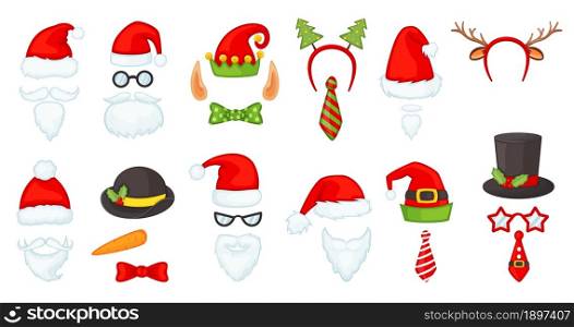Cartoon christmas hats and accessories, photo booth props. Santa hat and beard, reindeer antlers, red nose, elf cap, xmas party mask vector set. Wearing winter seasonal costume for celebration. Cartoon christmas hats and accessories, photo booth props. Santa hat and beard, reindeer antlers, red nose, elf cap, xmas party mask vector set