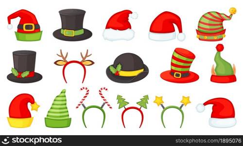 Cartoon christmas hats and headbands for xmas costumes. Santa claus hat, elf and snowman caps, reindeer antlers, winter holiday props vector set. Decorative accessories for new year party. Cartoon christmas hats and headbands for xmas costumes. Santa claus hat, elf and snowman caps, reindeer antlers, winter holiday props vector set