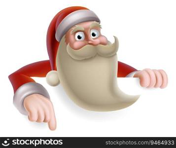Cartoon Christmas illustration of cartoon Santa Claus pointing at a banner. Santa Christmas Sign