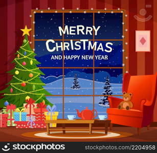 Cartoon Christmas interior of the living room with a Christmas tree, gifts armchairs. Merry Christmas and Happy New Year greeting card background poster. Vector illustration. Christmas interior of the living room